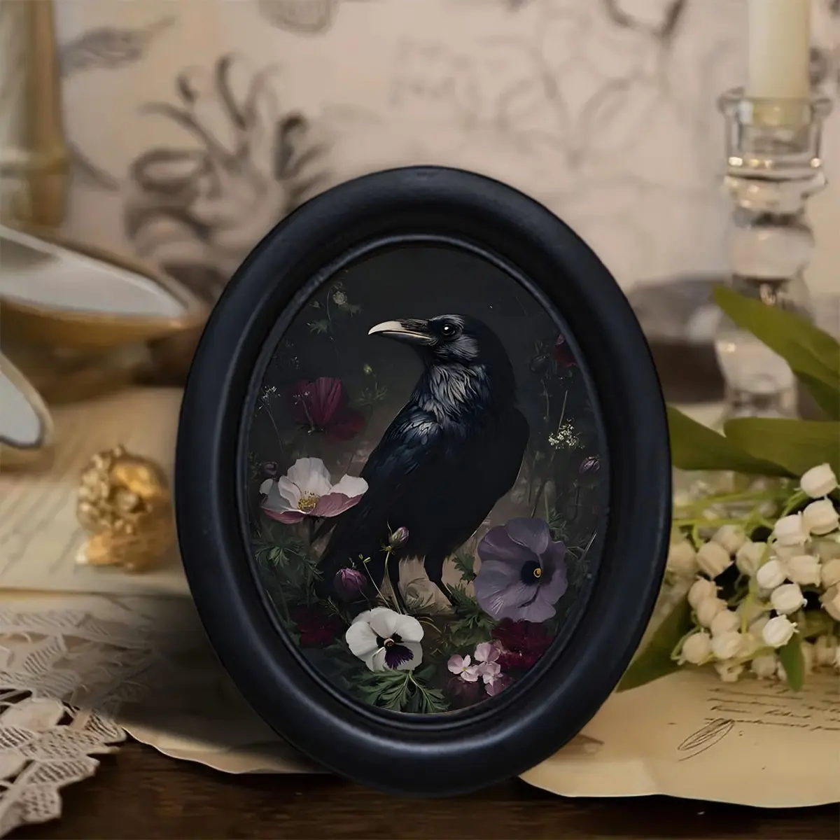 Vintage Oval Frame Artistic Decorative Painting, Gothic Aesthetic Raven Floral Art Wall Hanging, Dark Art Print, Living Room Entryway Soft Furnishing Decoration, Unique Wall Decor, Gift for Gothic Enthusiasts, Ornaments, Art Work For Wall Decor