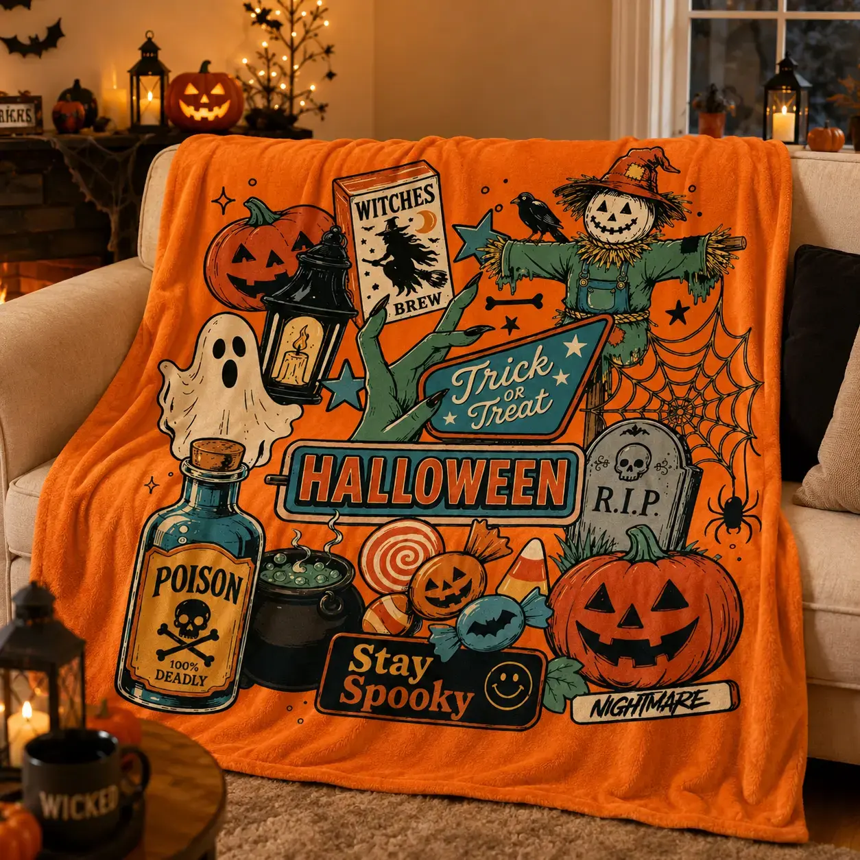 Halloween Stay Spooky Throw Blanket, Orange Trick or Treat Fleece Blanket, Pumpkin Ghost Witch Sofa Bed Blanket, Gift for Halloween Lovers