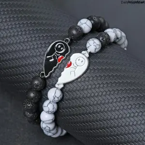 2Pcs Couple Heart Puzzle Bracelets Lava Stone & White Howlite tiktokshopspringglowup