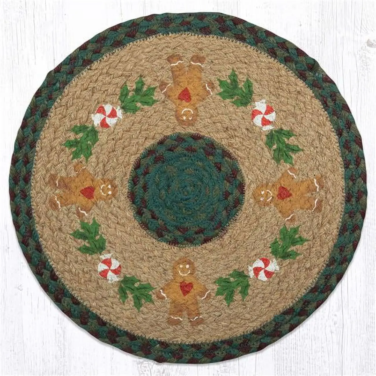 212 MAIN 15x15 in. Round Gingerbread Man Printed Kitchen Decorative Placemat, PM-RP-508 Green Household Kitchen Linen Tableware