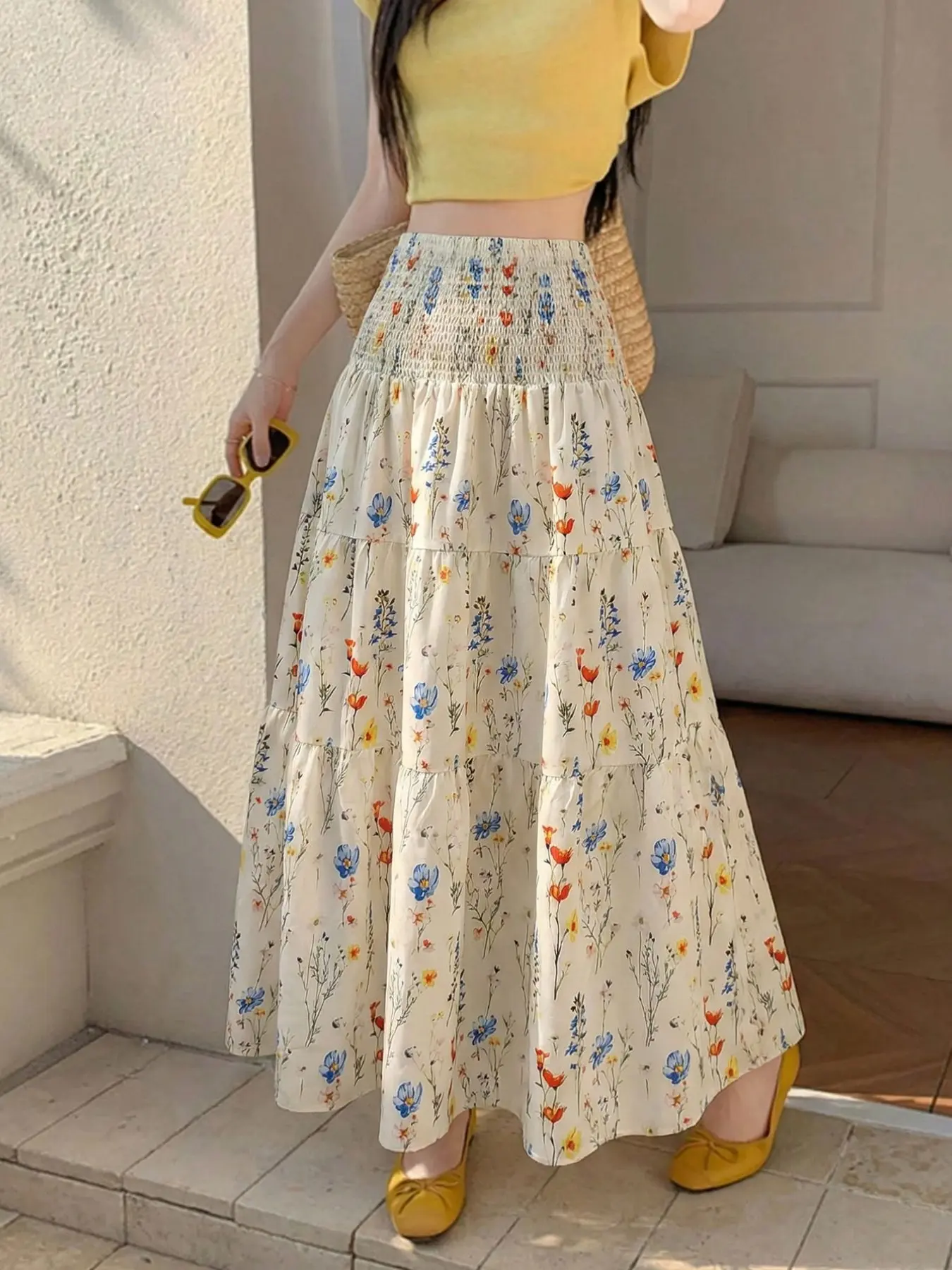 Elegant Fashion Commuter Women's Dress, Long Loose Floral Full-Print Summer, Natural Waistline, Elegant Style, Suitable for Office Wear, Casual Wear, Womenswear