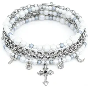 Layered Cross Pearl Bracelet Set,Aesthetic Layering Dainty Crucifix Pearl Bracelet,Charming Silver Cross Beaded Stacking Bangle Set for Women