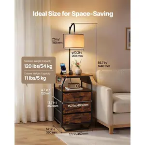 VEVOR Floor Lamp with Table, 2-Tier End Table with 3 Drawers and 3 Color Temperature Lighting, Modern Side Nightstand Bedside Desk with USB Type C AC Charging Port for Living Room, Bedroom, Dorm