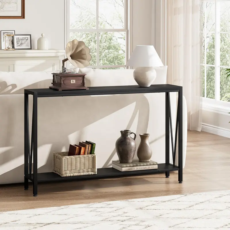 Entryway Table, Industrial Console Table with V Design, 43" 2 Tier Sofa Table with Storage, Narrow Console Table for Entryway Living Room, Hallway, Foyer，Black