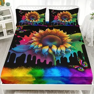 3pcs Bedding Set - Modern Sunflower Floral sheets with Extra Long Fitted Bottom, Deep Yellow, Blue, Purple, Pink, Green, Black, Orange, - All-Season Soft Bedspread for Queen/King Beds - Machine Washable - Vibrant Bohemian Bedroom Decor