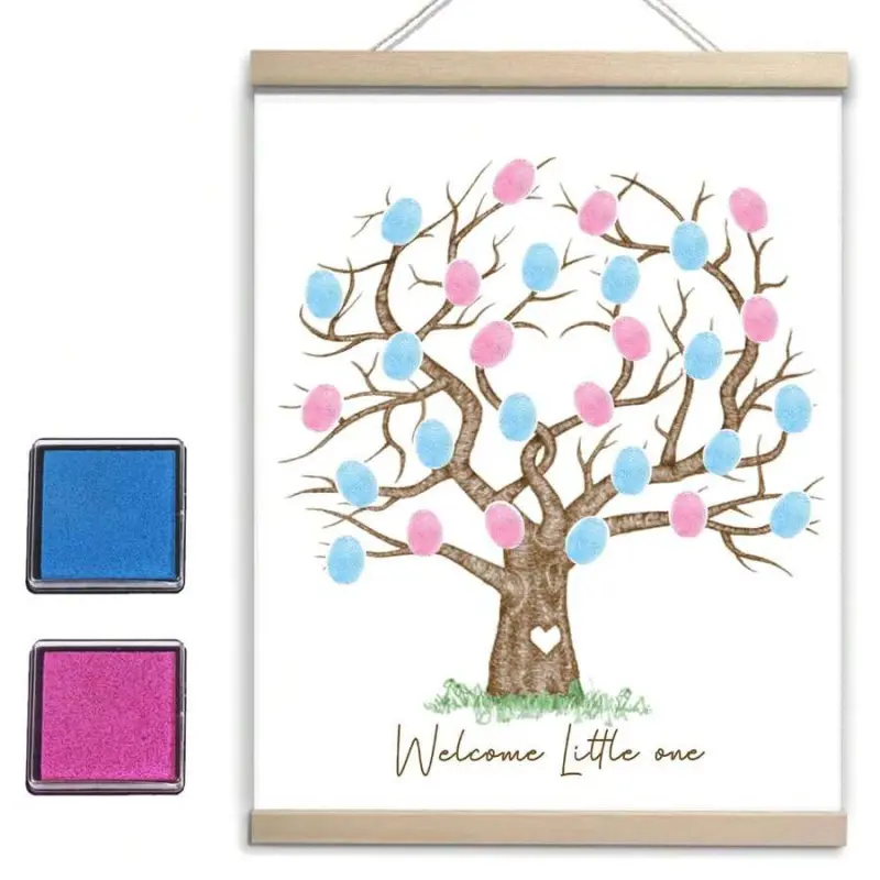 12x15 in Wooden Fingerprint Tree Canvas Guest Book, Hangable Thumbprint Wall Hanging Decor, Decorative Artwork for Baby Shower, Christmas Party Supplies & Creative Gift Idea
