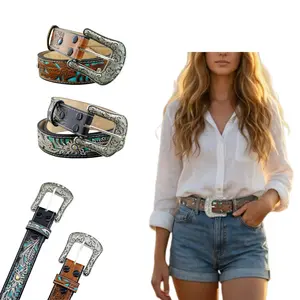 Boho Style Ethnic Pattern Trendy Belt for Women & Men, Fashionable Buckle Decorated Cowboy Waist Belt, Western Cowboy Style Feather Pattern Belt,Belt Buckle,Fashion Accessories for Daily Wear, Stylish Belts