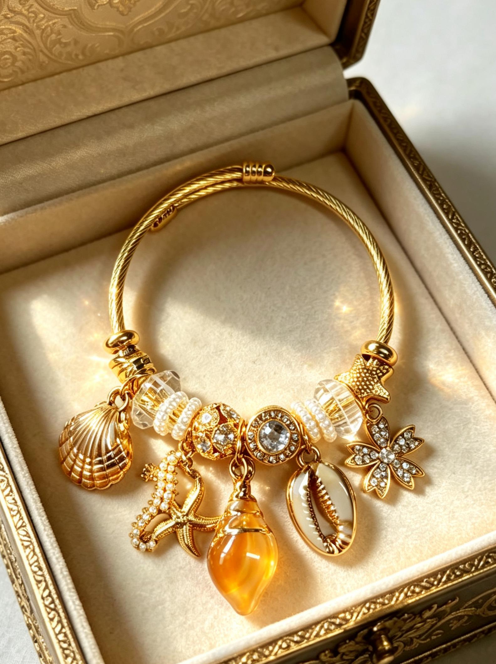 Gold Ocean Seashell Starfish Open Cuff Bracelet with Amber Crystal Beads Summer Beach Charm Bangle for Women Gold Ocean Seashell Starfish Open Cuff Bracelet with Amber Crystal Beads Summer Beach Charm Bangle for Women