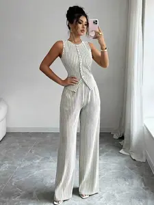 Women's Fashion Solid Color Striped Two-Piece Set Suits, Knit Outfit Set, Sleeveless Boat Neck Button Tight Tank Top & High Waist Loose Straight Pants, Elegant Office Style
