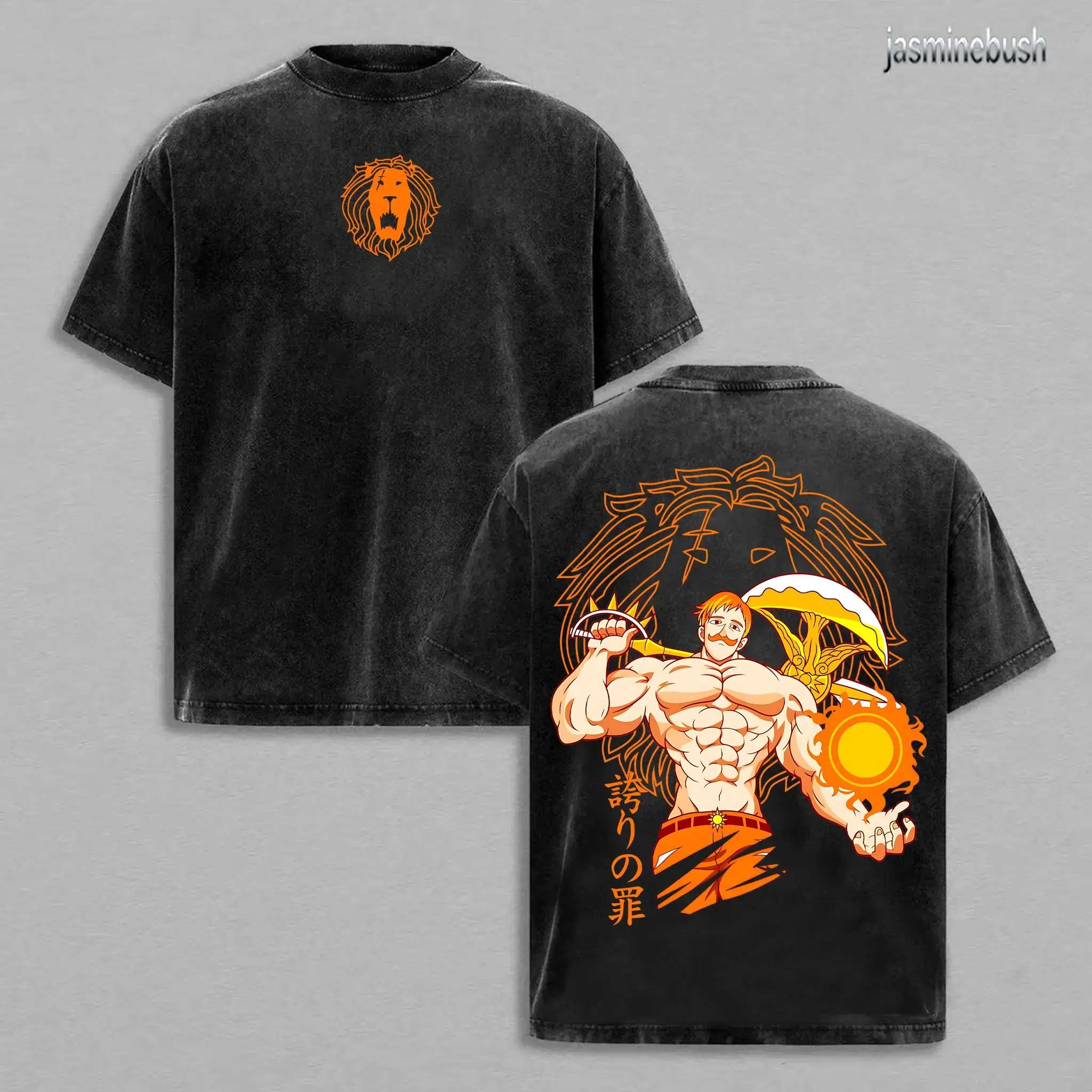 Vintage Washed Heavyweight Pump Cover T-Shirt with Escanor Anime Graphic, Unisex Relaxed Fit Premium Cotton Streetwear, Double-Printed, Double Print, Oversize
