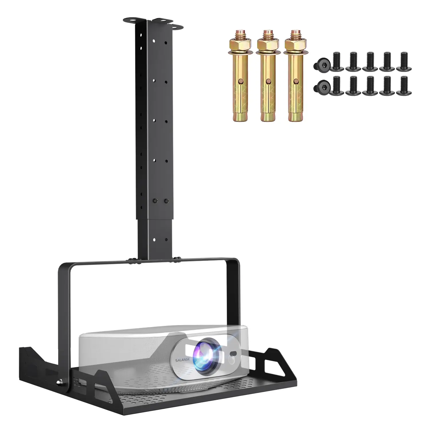 Black Steel-Aluminum Telescoping Arm Projector Ceiling Mount with Tray, Universal 3-in-1 Audio-Video Accessories, 45° Tilt Bracket, Hidden Cable Routing, 22lbs Load Capacity, for Projectors/Cameras Home & Office Use, Device