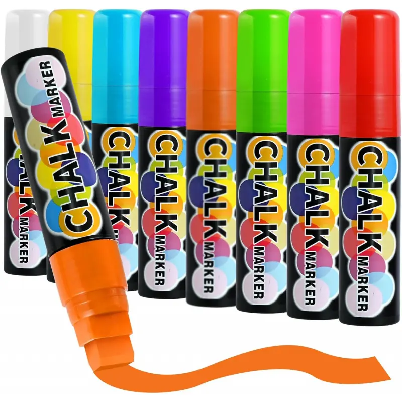 Window Paint Markers for Glass Washable, 8 Pack 15mm Jumbo Liquid Chalk Marker, Neon Glass Markers Pen, Liquid Chalk Pens, Wet Erase for Cars, White Board, Chalkboard, Tire, Mirrors, Bistro, 8 Colors, Drawing Markers, Writing Stationery