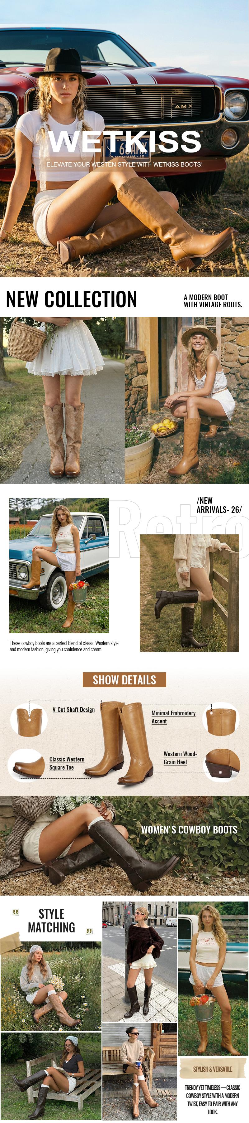 Wetkiss Cowboy Boots for Women Knee High Cowgirl Boots Retro Embroidered Chunky Heels Pointed Toe Western Long Tall Boot Pull On, shoes for back to school#WeeklyDeals#tiktokshopbacktoschool
