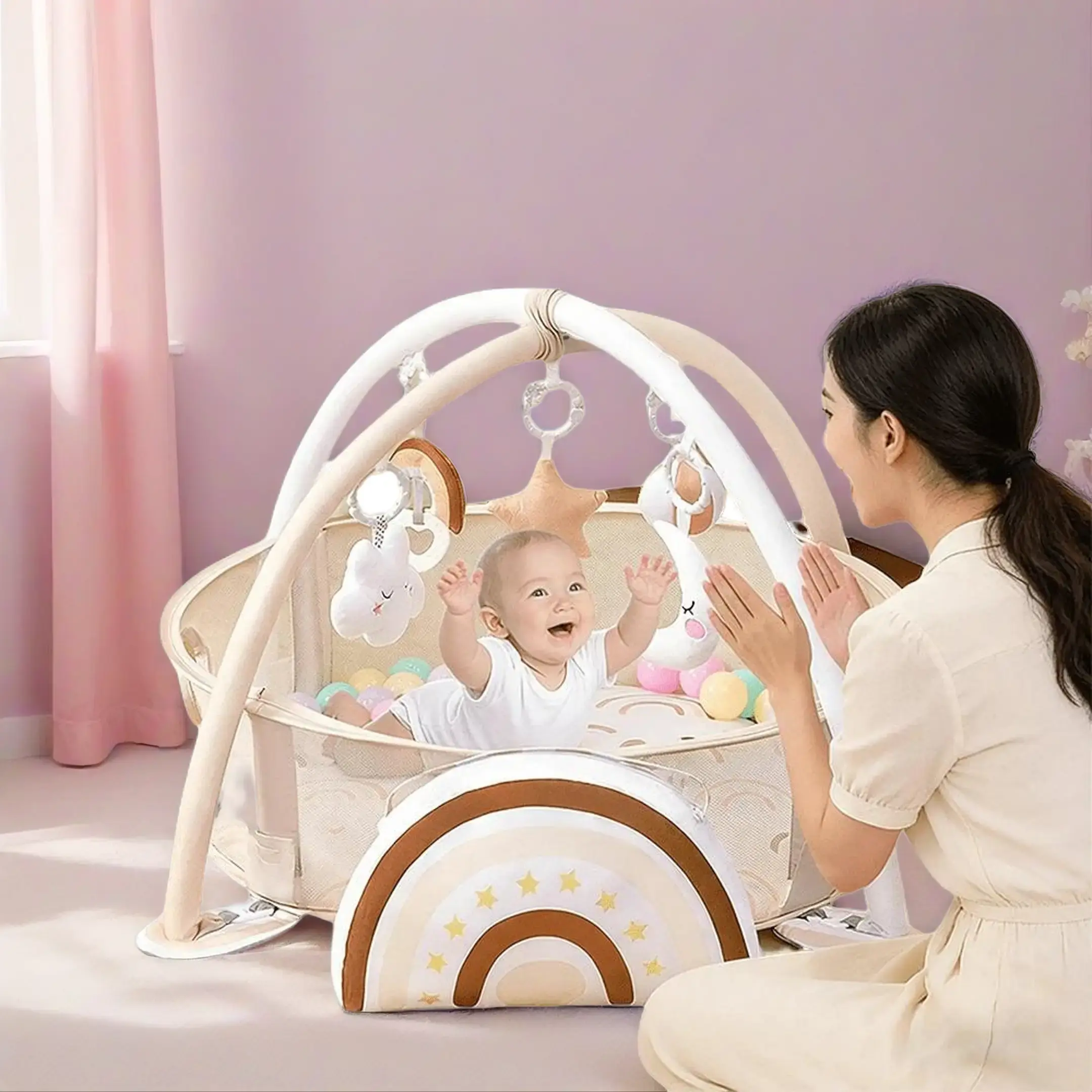 Plush Activity Center Playgym, Gender-Neutral Multi-Mode 4-in-1 Tummy Time Mat with Ball Pit, Includes 30 Balls & 5 Sensory Toys for Baby Entertainment, Activity Center Playgyms & Playmats