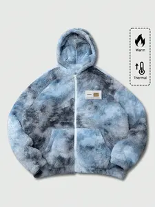 American Casual Hooded Tie-Dye Pattern Fleece Zip-Up Jacket Oversized Silhouette. Premium Dark Grey Thick Warm Windproof Teddy Fleece Jacket Coats Outerwear. Chest Patch Detail, Students Daily Outing #GRWM #ootd #StreetwearBrand Essential.