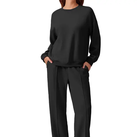 PINSPARK Comfortable Spring Outfits 2-Piece Long Sleeve Sweatshirt Drawstring Straight Leg Pants Travel Airport 2025 Unisex Can be home or outdoors Springtok Womenswear Matching