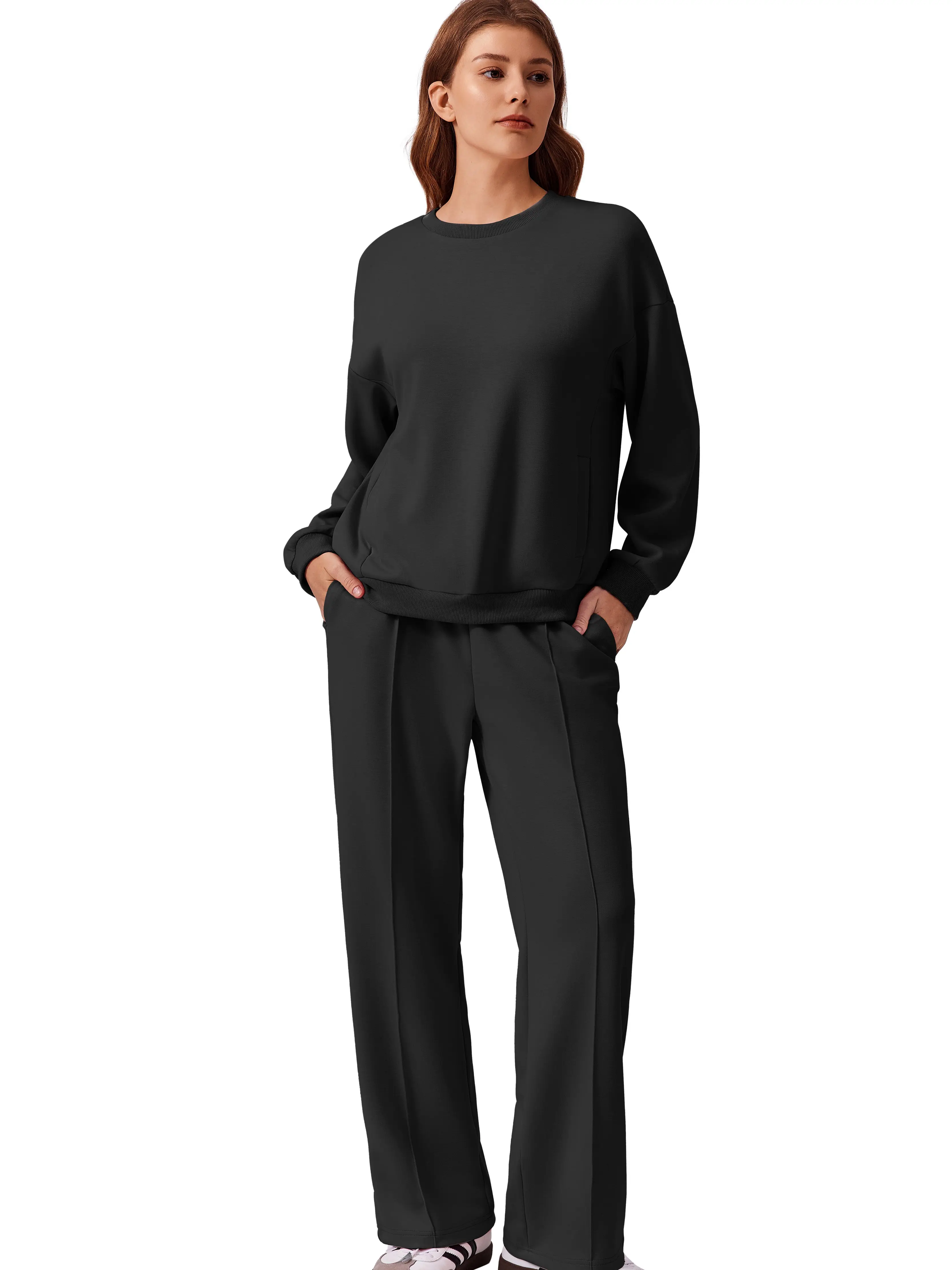 PINSPARK Comfortable Spring Outfits 2-Piece Long Sleeve Sweatshirt Drawstring Straight Leg Pants Travel Airport 2025 Unisex Can be home or outdoors Sp