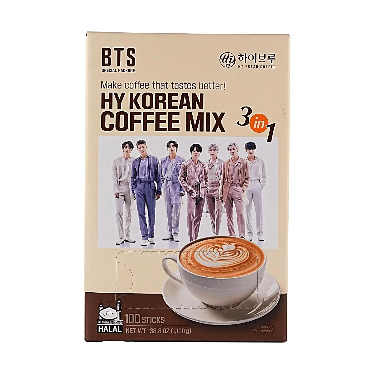 HYCOFFEE x BTS Bangtan Boys 3-in-1 Instant Coffee Mix Sticks - 100 Sachets, 1.1kg - Korean K-Pop Official Merchandise