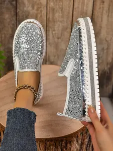 Shiny Silver Color Sequins Thick Sole Loafers, Slip-On Design, Height Increasing, Party Dance Wear, Comfortable Walking Shoes