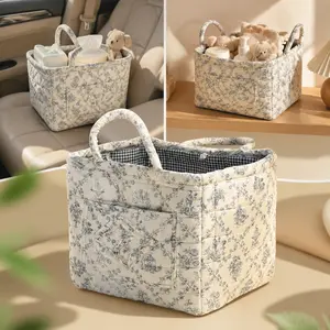 MeToMe Car Storage Basket with Handle,Foldable Washable Organizer&Multi-Purpose Fabric Bin for Office Supplies,Home Decor|Farmhouse Floral Design Cute Organizer Reusable Grocery ShoppingBags toybox clothes book,Luggage Accessories Mother's day gift