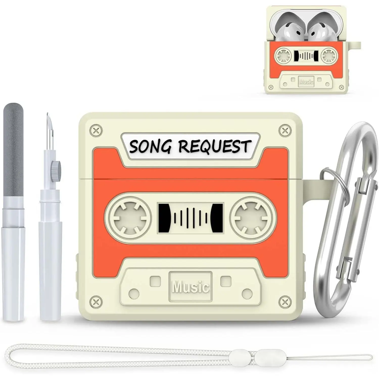 P-HPS03   Cute AirPods 4 Case - 3D Cartoon Cassette Tape Design, Silicone Protection Cover with Keychain/Lanyard/Cleaner Kit