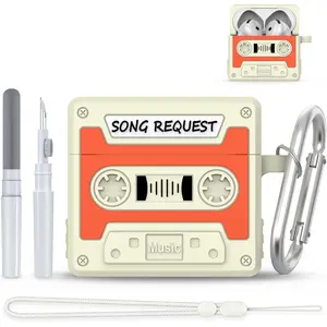 P-HPS03   Cute AirPods 4 Case - 3D Cartoon Cassette Tape Design, Silicone Protection Cover with Keychain/Lanyard/Cleaner Kit