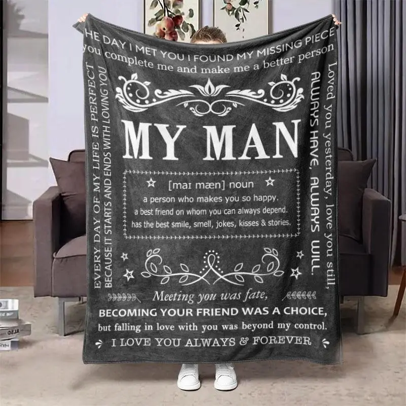 Vintage Style Letter Print Flannel Blanket, 1 Count Soft Throw Blanket for Home Sofa, Bed, Air-conditioned Room, Bedroom Accessories, Bedroom Decor, M