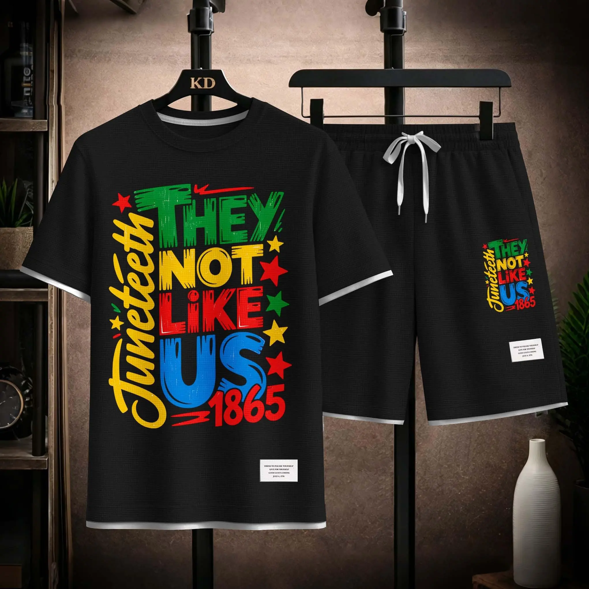 Men's Juneteenth: Black History Print Drawstring Shorts Set For Spring/Summer. A Casual Summer Outfit, Including A Short-Sleeved Shirt And Shorts, Suitable For Everyday Wear And Sports. A Two-Piece Set For A Relaxed And Energetic Lifestyle.