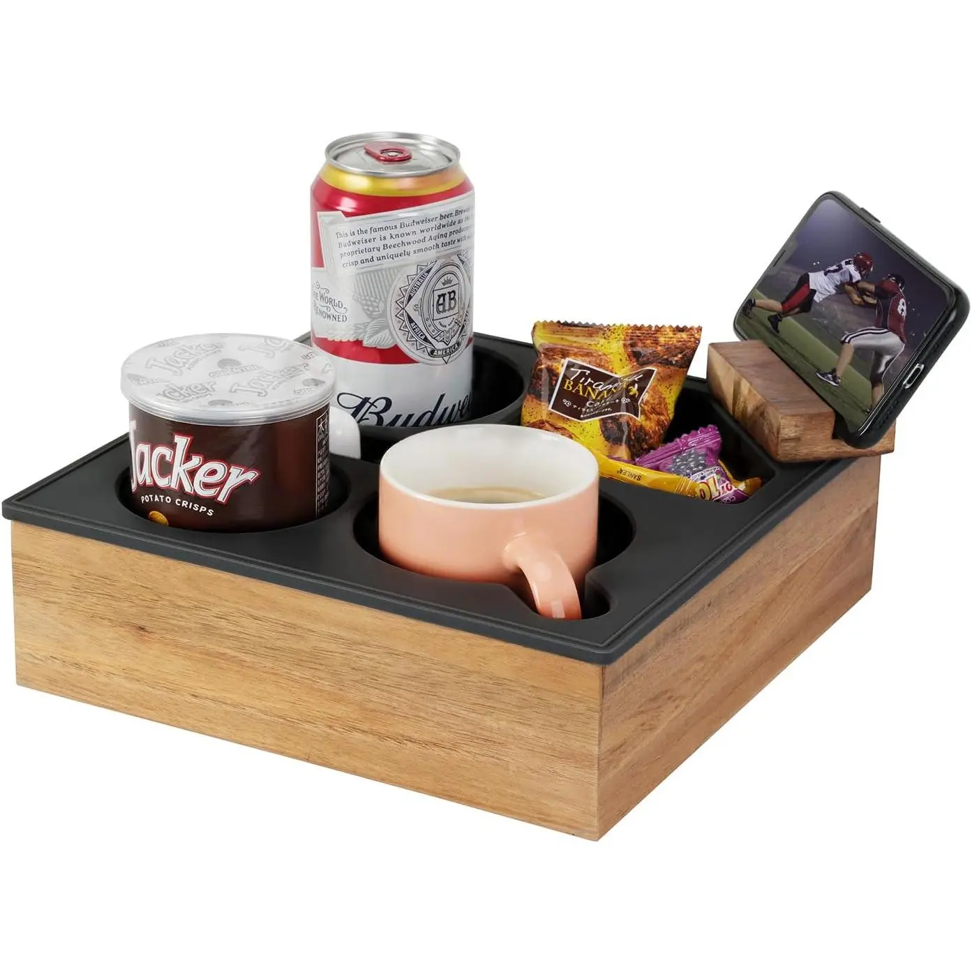 Couch Cup Holder Tray, Soft Food Grade Silicone  Wooden Couch Caddy for Bed Car Seat Beach Organizer, Waterproof Anti-Spill Couch Drink Holder for Snacks Beverage Remote (Black)