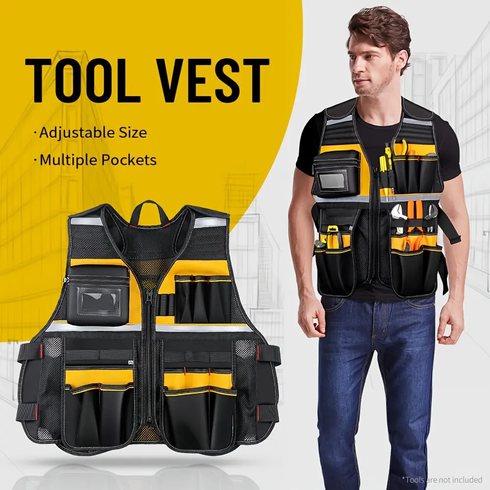 Reflective Electrician's Work Vest - Wear-Resistant, Multifunctional with Tool Bag for Construction Safety
