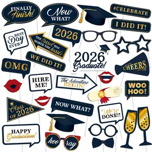 Graduation Photo Booth Props, Party Event Props, Blue Black Red Gold Graduation Decorations for Congrats Grad Party Supplies, Upgraded Version with Long Stick, 2026 Grad Party Pose Sign-32Pcs