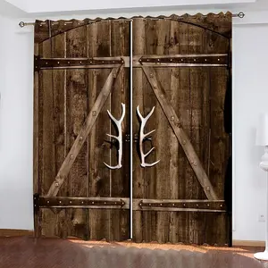 2pcs Barn Door Pattern Print Curtains, Home Decoration Curtain, 100% Polyester Fiber, High Definition Digital Printing, Hole-Punch Rod Design, Bedroom Living Room Decor