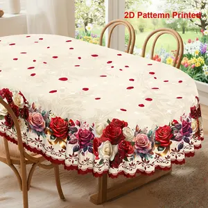 1pc, Spring Summer Theme Party Tablecloth, Valentine'S Day Mother'S Day Vintage Colorful Rose Floral Printed Design, Rectangular/Round/Oval Tablecloth, Embossed Edge, Suitable for Indoor Outdoor Dining Picnic Dinner Room Decor