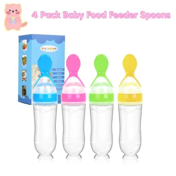 4 Pack Baby Food Feeder Spoons, Silicone Squeeze Feeding Spoon with Suction Cup, 3 oz Self Feeding Spoon for Infants, Toddlers & Kids, Baby Shower Gift