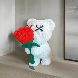 3844 pieces of cute white bouquet bear-shaped, animal series, party game, office/home decoration, DIY handicraft, cartoon-style creative interlocking toy assembly, Bear Building Blocks