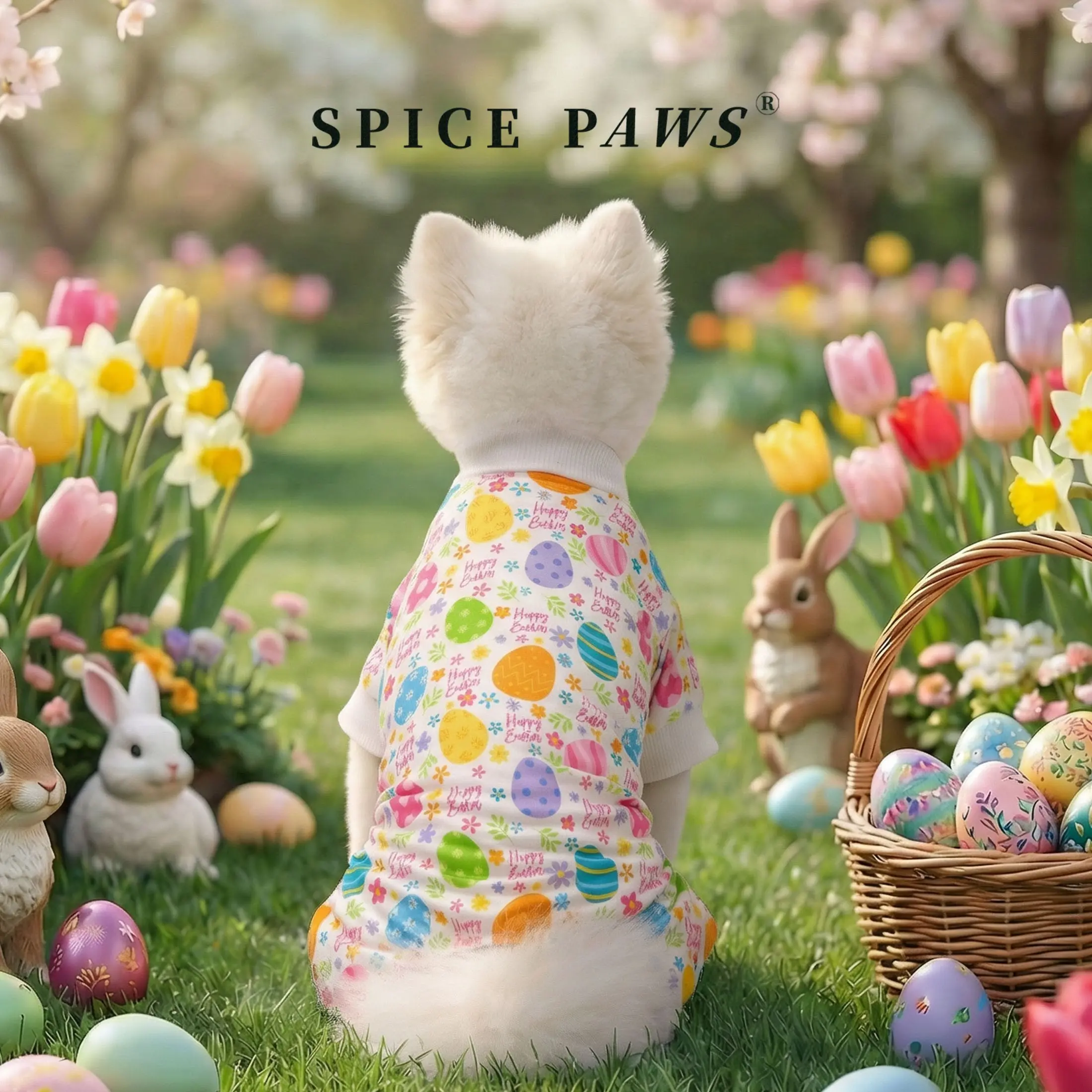 "Happy Easter" Colorful Egg Print Pet Pajamas, Costume, Short-Sleeve Full-Body Dog/Cat Jumpsuit Romper, White with Colorful Egg & "Happy Easter" Print Pet Four-Legged Onesie, Festive Pet Clothes for Small Medium Pets