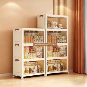 Large foldable plastic storage box | Features a large capacity, multi-layer design, doors, lockable wheels, lid, and magnetic front door. Suitable for home storage and wardrobe organization.