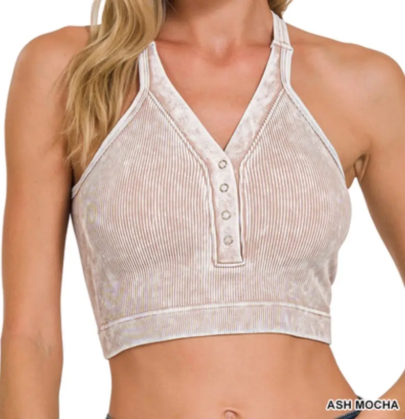 Lucia Built-In Bra Tank - Zenana Button V-Neck Top