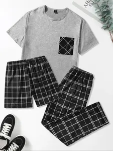 Men's Round Neck Short Sleeve Pocket Tee & Elastic Waist Pants & Straight Leg Shorts Pyjamas Set, Regular Fit Soft Breathable Three-piece PJ Set for Daily Wear, Casual Comfy Men's Sleepwear Set for Summer Pajamas