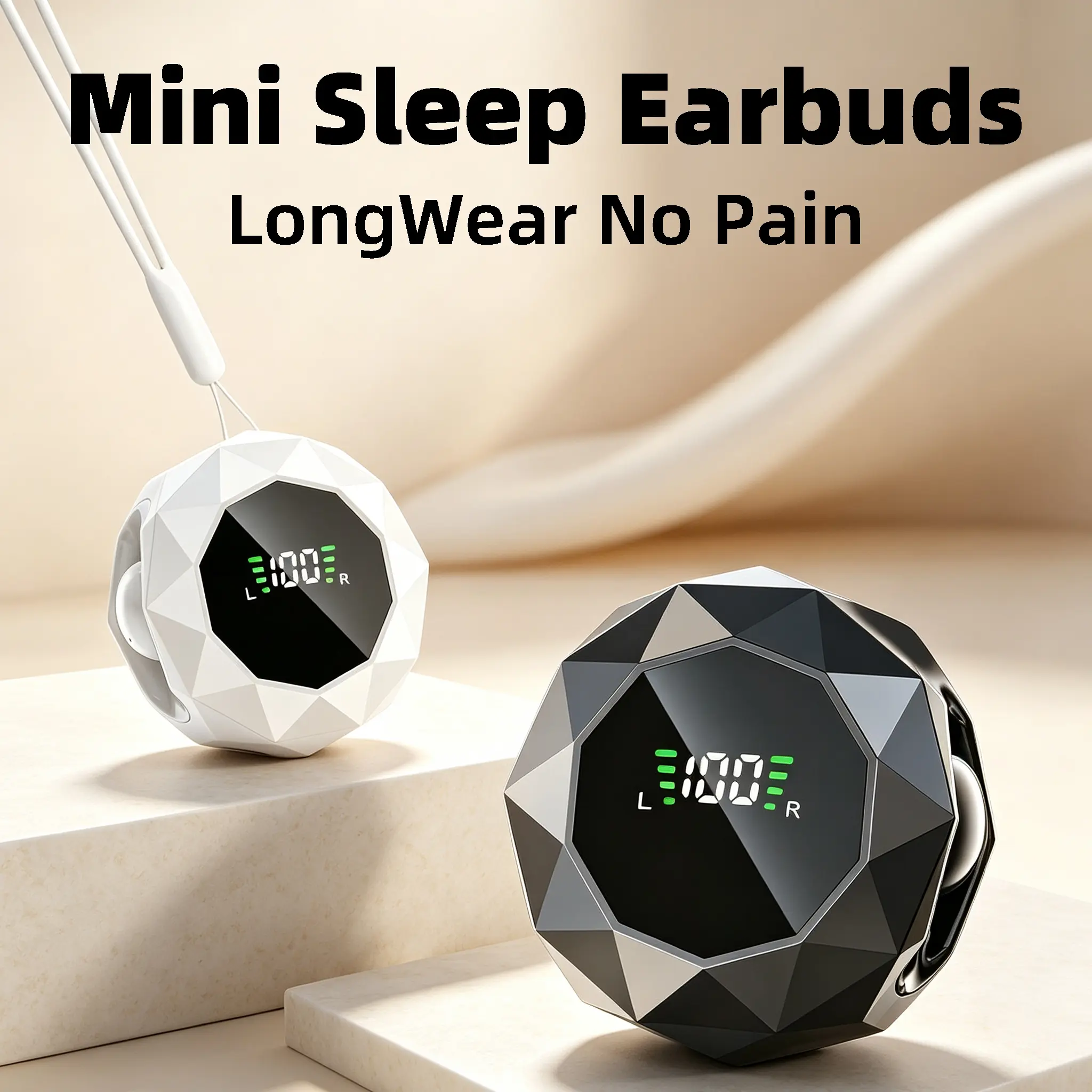 Mini Sleep Earbuds, slow rebound soft silicone prevents ear soreness through all-night use, slim flat design eliminates ear compression for side sleeping, hidden mini Bluetooth earbuds with clear stereo surround audio