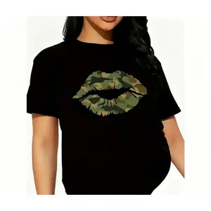 [Only T-shirts] Women's Camo Lip Print T-Shirt, Soft Knit, Breathable & Machine Washable, Casual Round Neck Short Sleeve Top for All Seasons| Bold Camouflage Design, Black with Green & Brown Accents