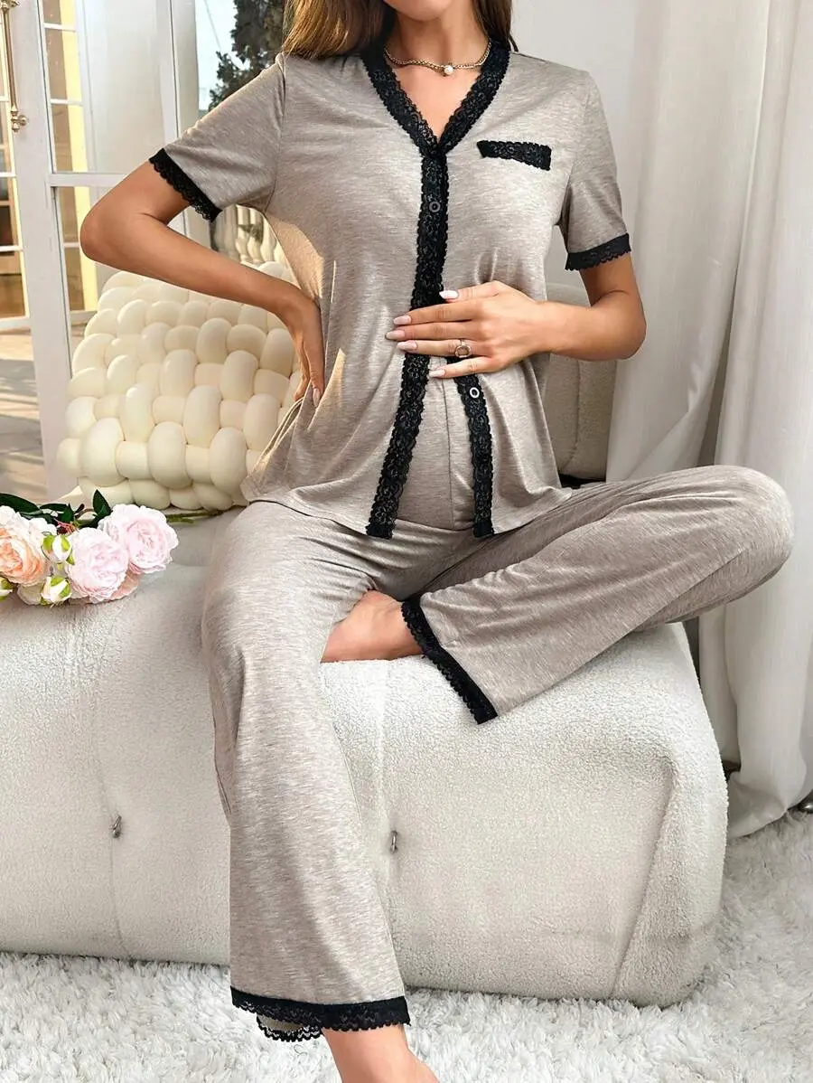 Maternity Contrast Trim Button Front PJ Set / Pajama Set For Mother