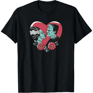 Cotton Streetwear Graphic Tees Casual Round Neck Shortsleeve Fashion Frankenstein Monster & Bride of Frankenstein Love Emblem T-Shirt