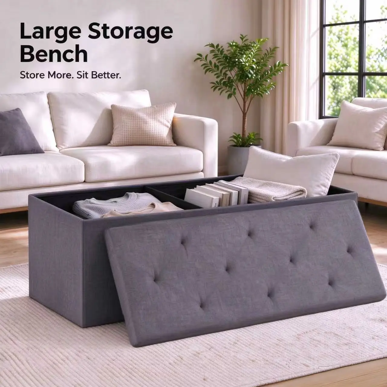 Sweetcrispy Folding Storage Ottoman Bench Furniture - Linens Fabric Padded Seat Footstool, Large Bedroom Storage Chest, 660 lb Weight Capacity