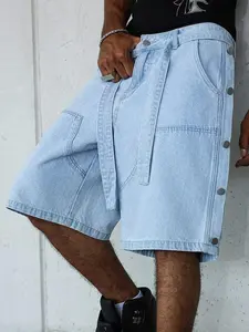 Manfinity EMRG Men's Loose Waist Street Style Multi-Buckle Blue Patchwork Denim Shorts Men Light Wash Denim Shorts Baggy Denim Shorts Men Boyfriend & Husband Couples Vintage Washed Blue For OVERSIZE College Baggy Jean Short