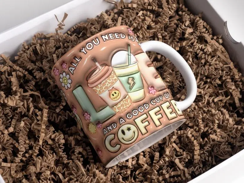 3D Retro Coffee Lovers Inflated Mug Wrap Sublimation 11oz & 15oz, Puffy Mug, Ceramic mug for friends and family, Coffee lover gift, 3D cute Drinkware, Autumn vibe, Fall spirit - cof10000
