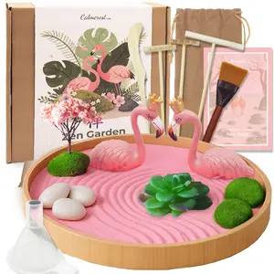 Zen Garden for Desk Set Japanese Pink Mini Sand Tray Kit with Cleaning Brush & Funnel, Stress Relief Meditation Gift, Flamingo-Themed Home Office Decor