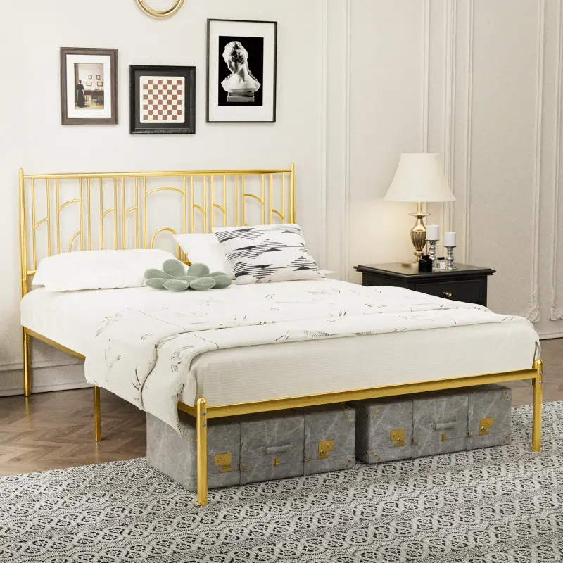 [SOIYELIFE] Metal Steel Platform Bed Frame with Iron-art Headboard (Queen Size) - Gold