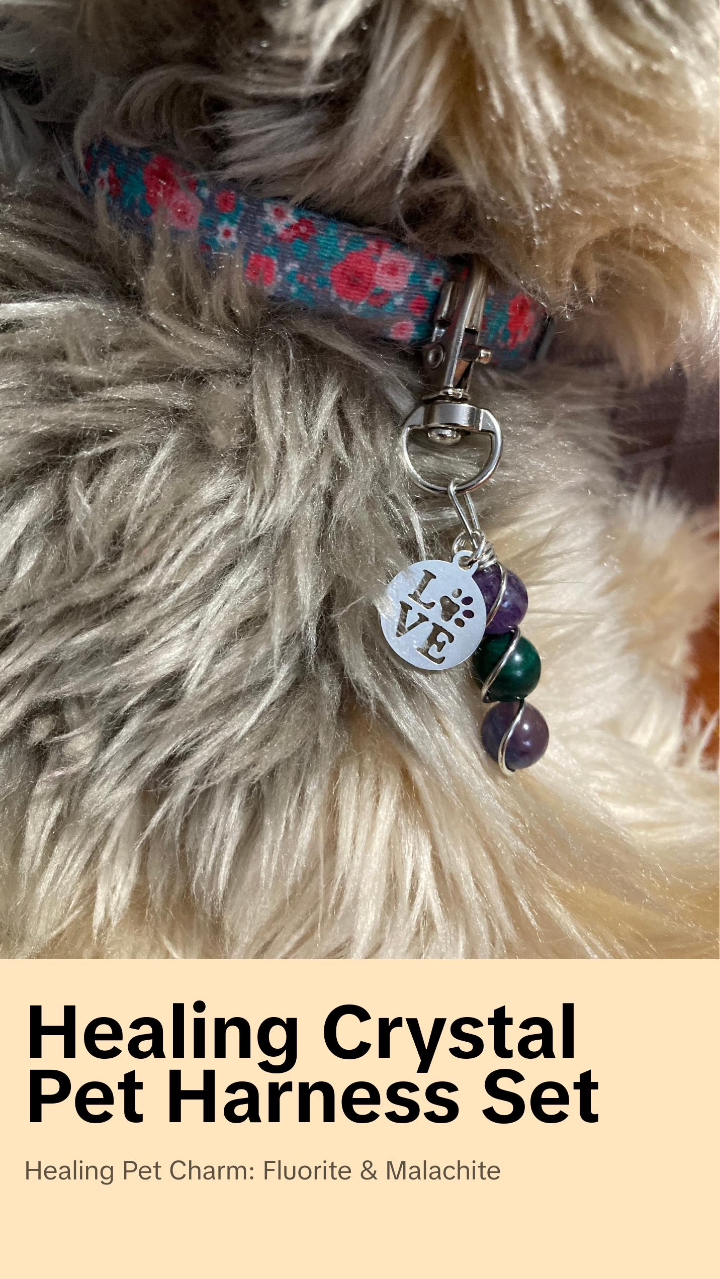 Crystal Pet Harness and Collar Set - Fluorite, Malachite Charm for Healing Energy, Stress Relief & Positive Vibes Dog Harness and Cat Collar