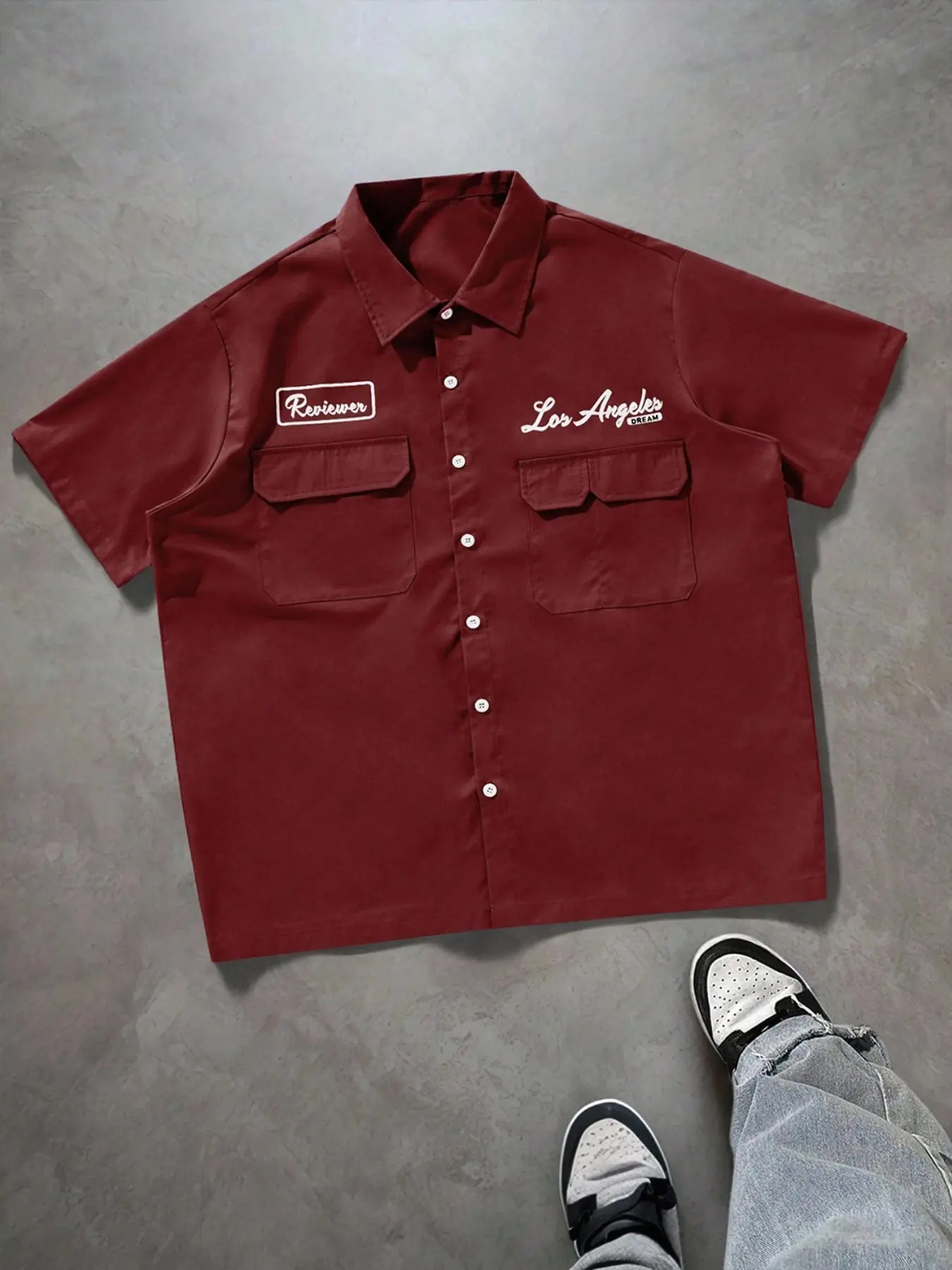 Men's Loose Fit Utility Pocket Design Casual Shirt, Button-Up Short Sleeve Shirt, Multi Pocket Casual Shirt, Graphic Print Los Angeles Reviewer Mechanic Shirt, Casual Outdoor Shirt, Casual Printed, Menswear